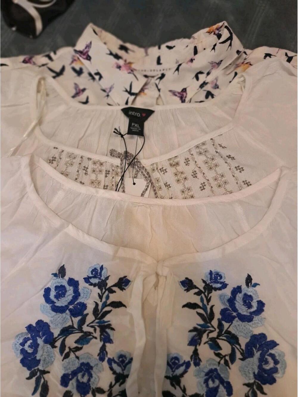 3 Lots Of Intro, Jane and Delancey  White/Blue  Embroidered Chiffon Blouse XLP